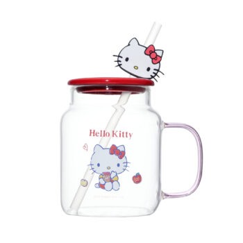 Hello Kitty Glass Bottle with Lid & Straw 450mL